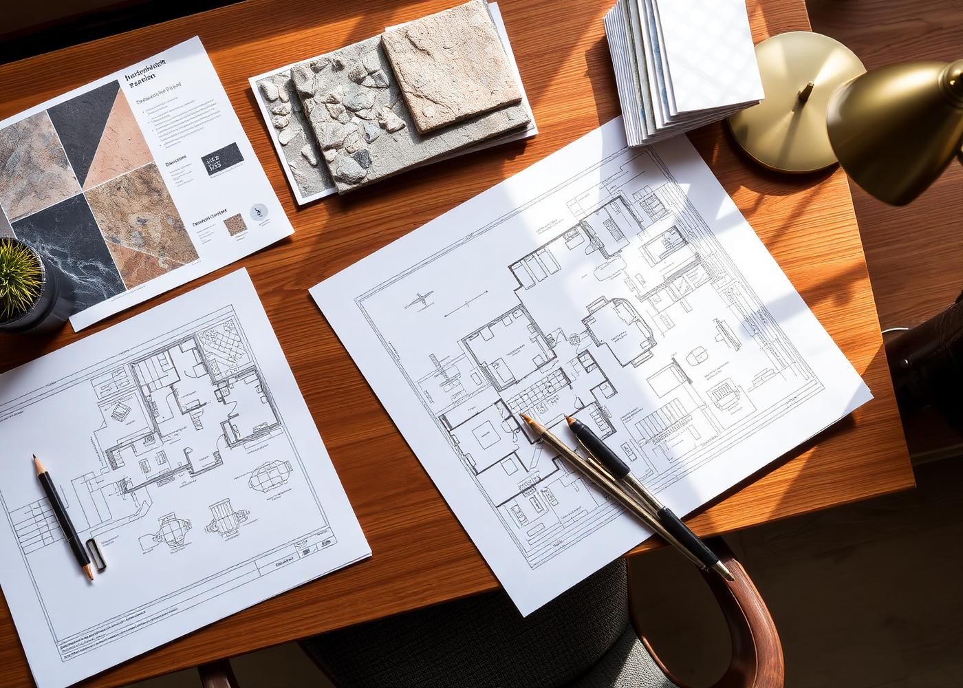 Planos de anteproyecto y muestras de materiales sobre mesa de estudio
